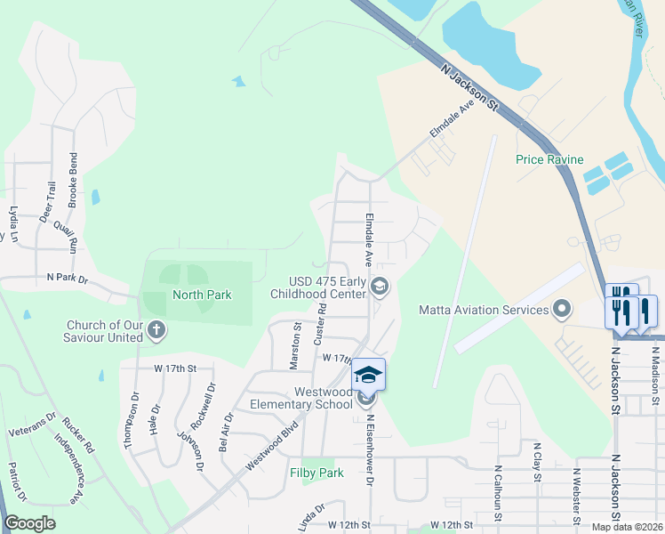 map of restaurants, bars, coffee shops, grocery stores, and more near 1221 West 19th Street in Junction City