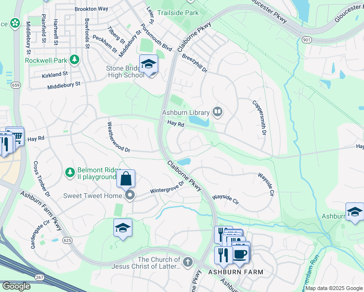 map of restaurants, bars, coffee shops, grocery stores, and more near 20696 Southwind Terrace in Ashburn