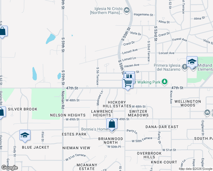 map of restaurants, bars, coffee shops, grocery stores, and more near 5624 Sutton Avenue in Kansas City