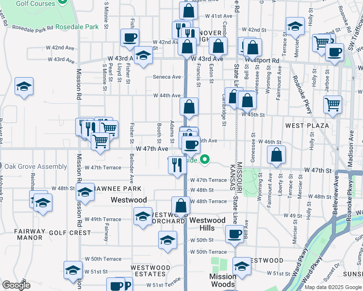 map of restaurants, bars, coffee shops, grocery stores, and more near 4527 Adams Street in Kansas City