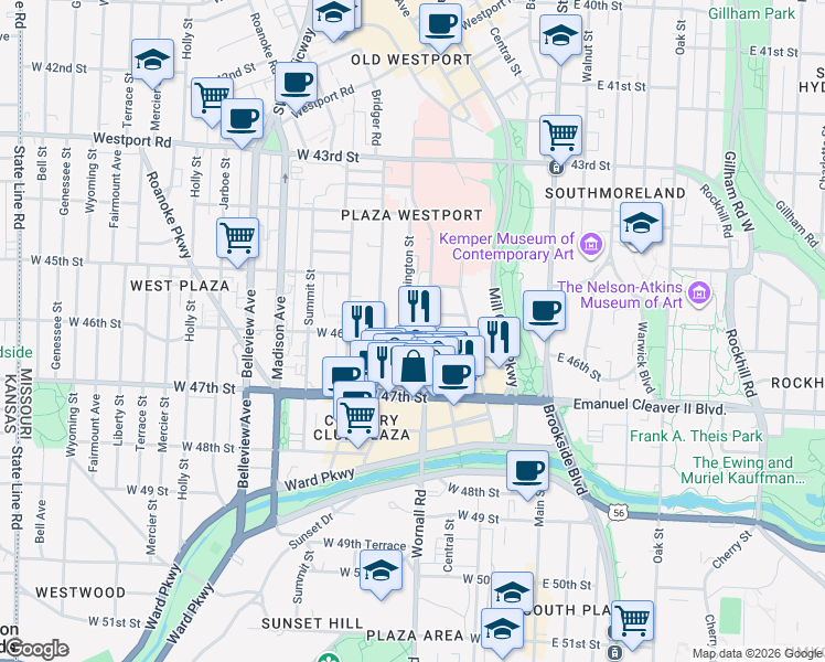 map of restaurants, bars, coffee shops, grocery stores, and more near 452 West 46th Street in Kansas City