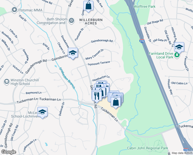 map of restaurants, bars, coffee shops, grocery stores, and more near 7825 Heatherton Lane in Potomac
