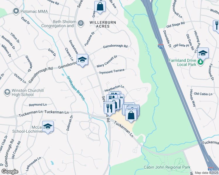 map of restaurants, bars, coffee shops, grocery stores, and more near 7825 Heatherton Lane in Potomac