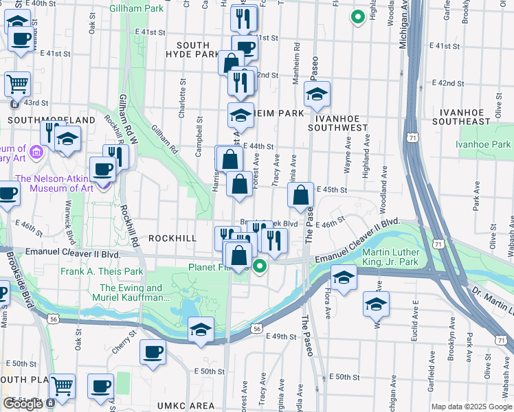 map of restaurants, bars, coffee shops, grocery stores, and more near 4508 Forest Avenue in Kansas City