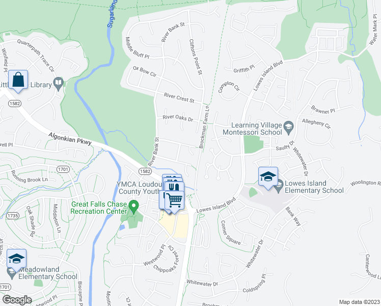 map of restaurants, bars, coffee shops, grocery stores, and more near 20634 Lewins Court in Sterling