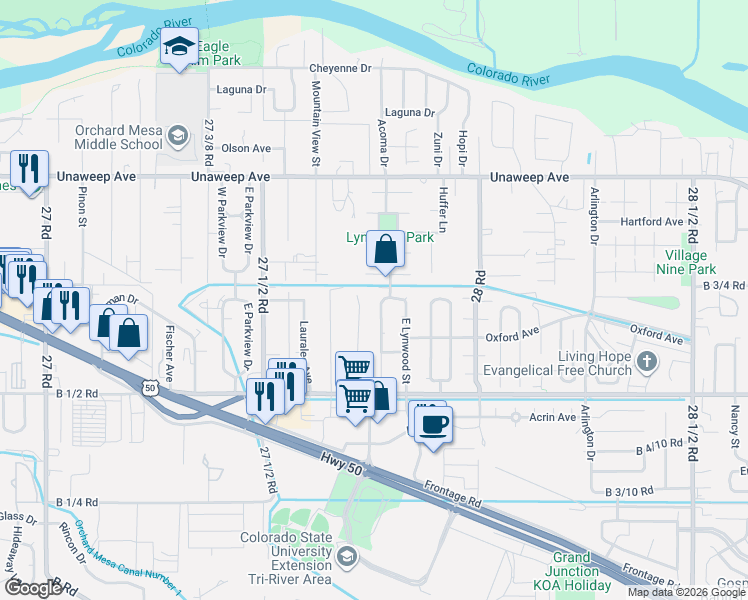 map of restaurants, bars, coffee shops, grocery stores, and more near 2775 Monroe Court in Grand Junction