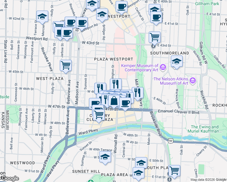 map of restaurants, bars, coffee shops, grocery stores, and more near 4512 Broadway Street in Kansas City