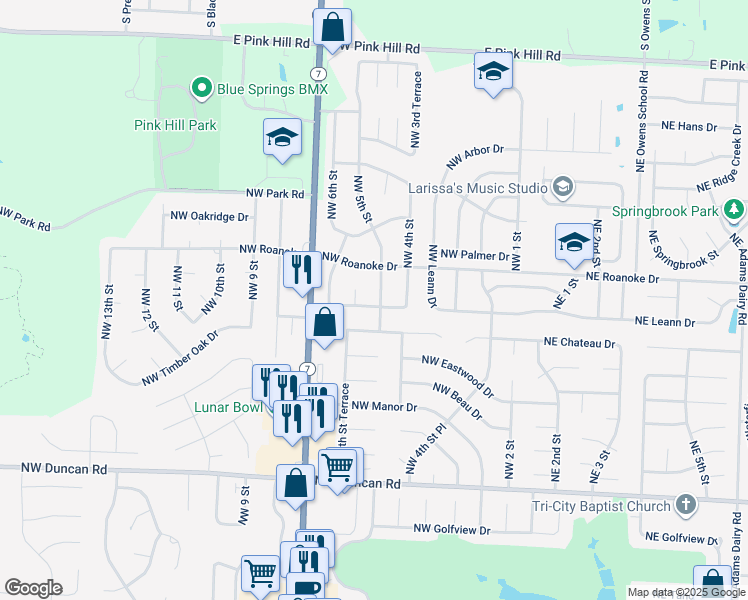 map of restaurants, bars, coffee shops, grocery stores, and more near 2304 Northwest Wedgewood Court in Blue Springs