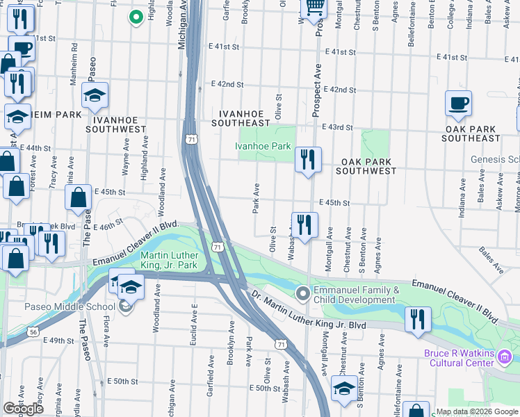 map of restaurants, bars, coffee shops, grocery stores, and more near 2306 East 45th Street in Kansas City
