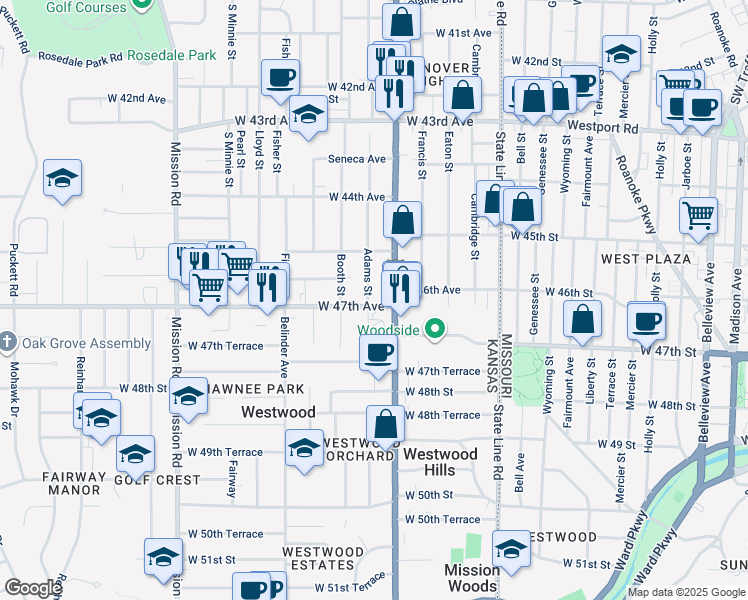 map of restaurants, bars, coffee shops, grocery stores, and more near 4527 Adams Street in Kansas City