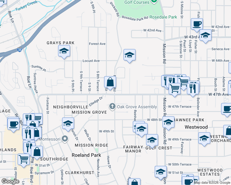 map of restaurants, bars, coffee shops, grocery stores, and more near 3126 South 7 Terrace in Kansas City