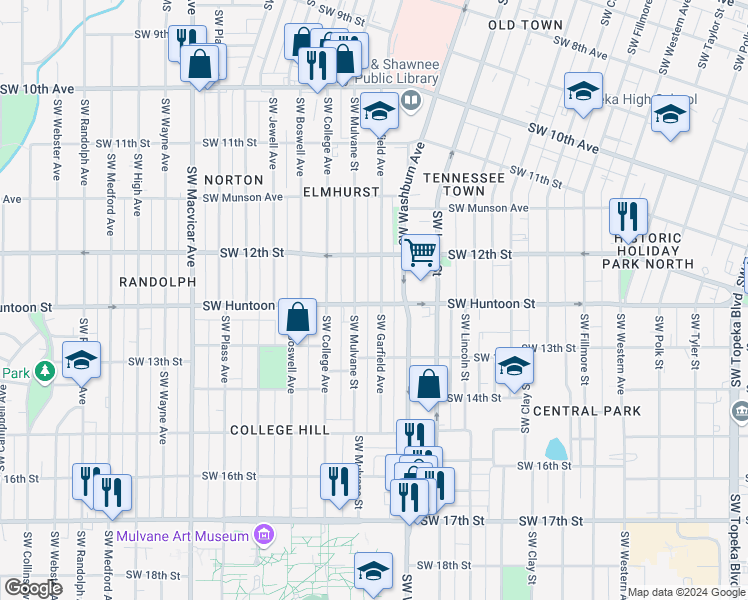 map of restaurants, bars, coffee shops, grocery stores, and more near 1219 Southwest Garfield Avenue in Topeka