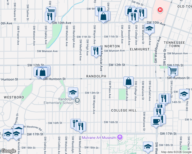 map of restaurants, bars, coffee shops, grocery stores, and more near 1223 Southwest Wayne Avenue in Topeka