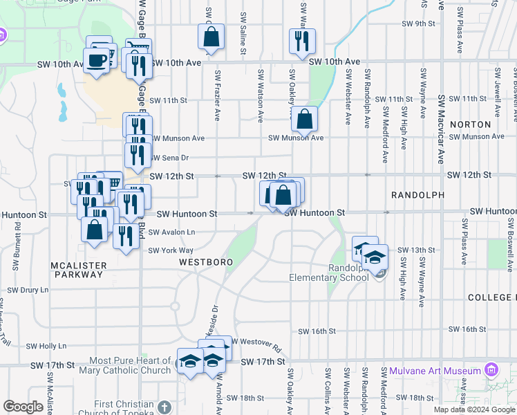 map of restaurants, bars, coffee shops, grocery stores, and more near 1213 Southwest Watson Avenue in Topeka