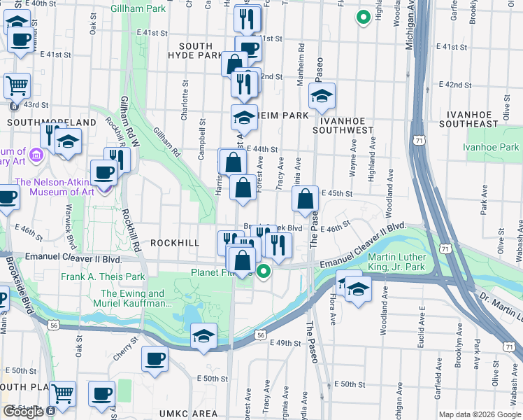 map of restaurants, bars, coffee shops, grocery stores, and more near 4508 Forest Avenue in Kansas City