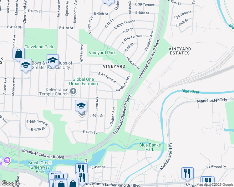 map of restaurants, bars, coffee shops, grocery stores, and more near 4366 Hardesty Avenue in Kansas City
