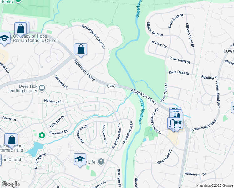 map of restaurants, bars, coffee shops, grocery stores, and more near 47149 Kentwell Place in Sterling