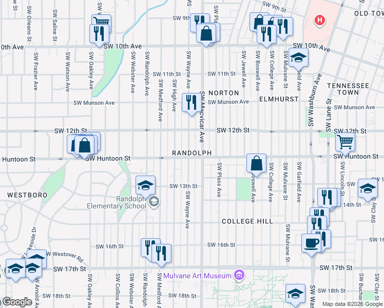 map of restaurants, bars, coffee shops, grocery stores, and more near 1223 Southwest Wayne Avenue in Topeka