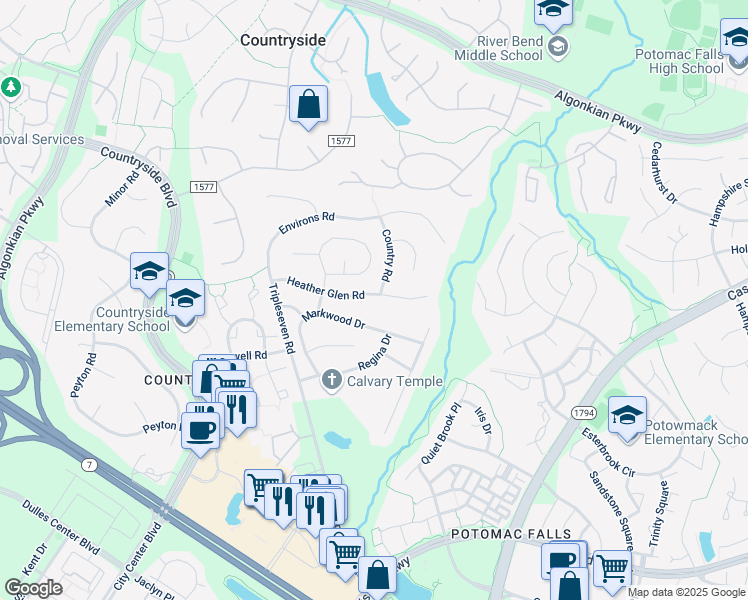 map of restaurants, bars, coffee shops, grocery stores, and more near 197 Heather Glen Road in Sterling