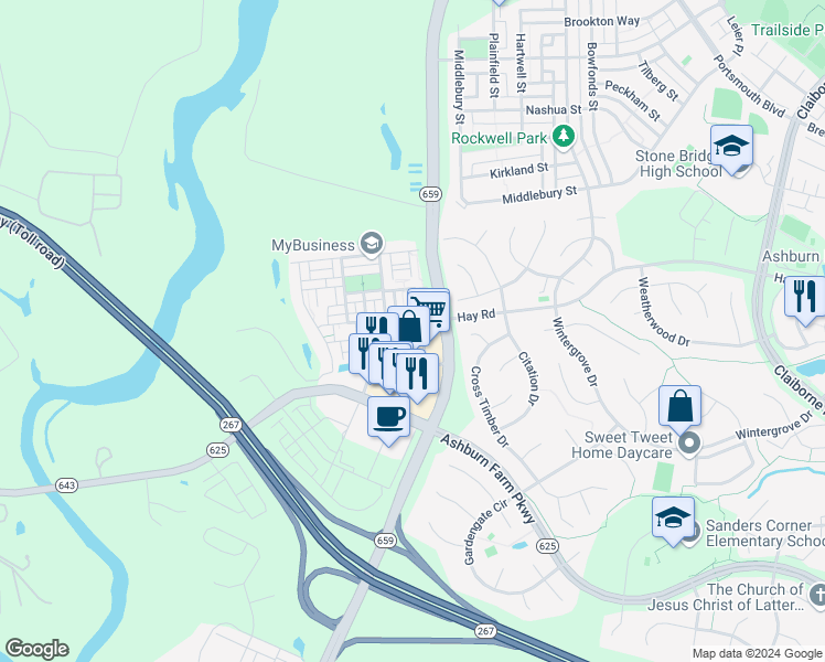 map of restaurants, bars, coffee shops, grocery stores, and more near 42791 Hay Road in Ashburn