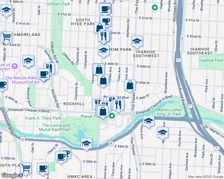 map of restaurants, bars, coffee shops, grocery stores, and more near 1215 East 45th Street in Kansas City