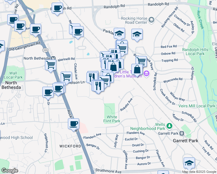map of restaurants, bars, coffee shops, grocery stores, and more near 5154 Nicholson Lane in Kensington