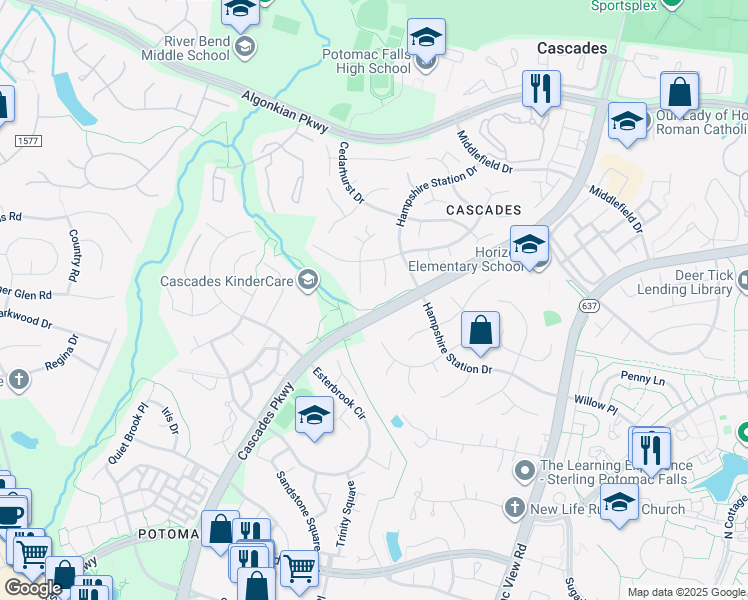 map of restaurants, bars, coffee shops, grocery stores, and more near 20624 Middlecreek Court in Sterling