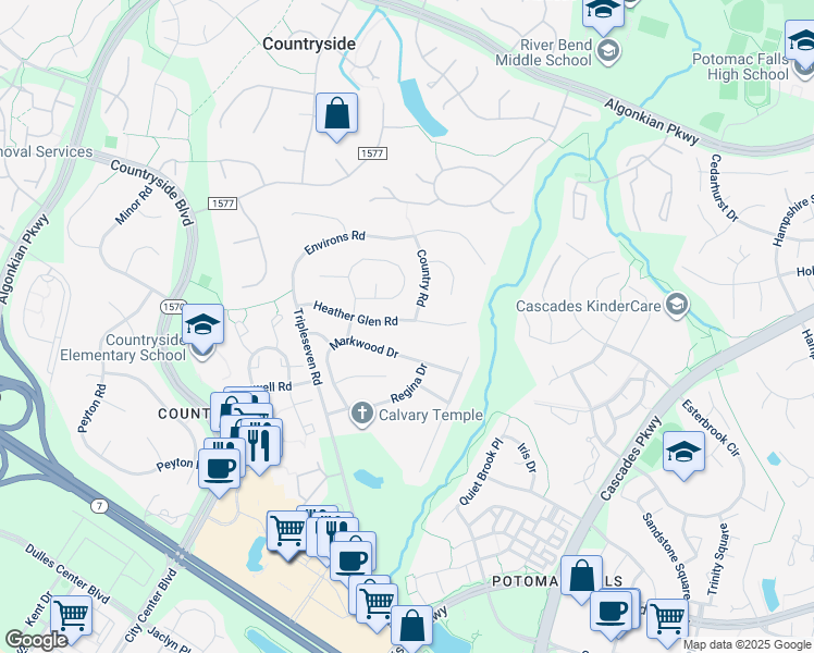 map of restaurants, bars, coffee shops, grocery stores, and more near 197 Heather Glen Road in Sterling