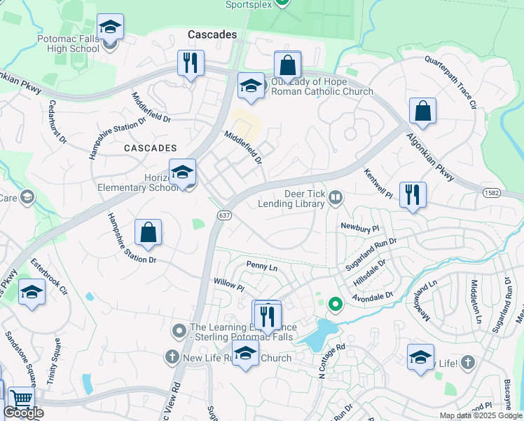 map of restaurants, bars, coffee shops, grocery stores, and more near 46787 Willowood Place in Sterling