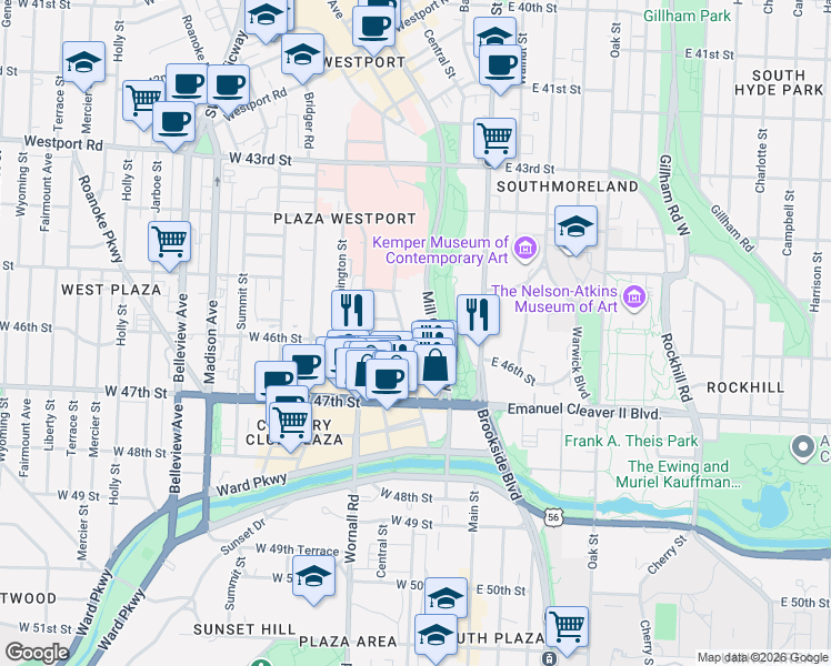 map of restaurants, bars, coffee shops, grocery stores, and more near 4545 Wornall Road in Kansas City