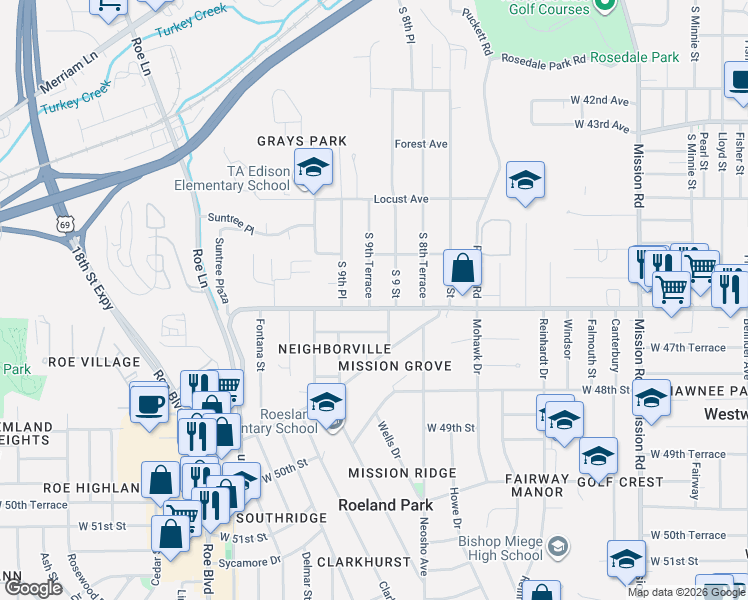 map of restaurants, bars, coffee shops, grocery stores, and more near 3124 South 9 Street in Kansas City