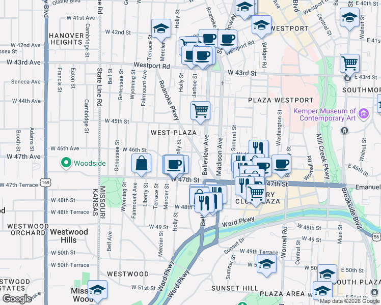 map of restaurants, bars, coffee shops, grocery stores, and more near 1111 West 46th Street in Kansas City