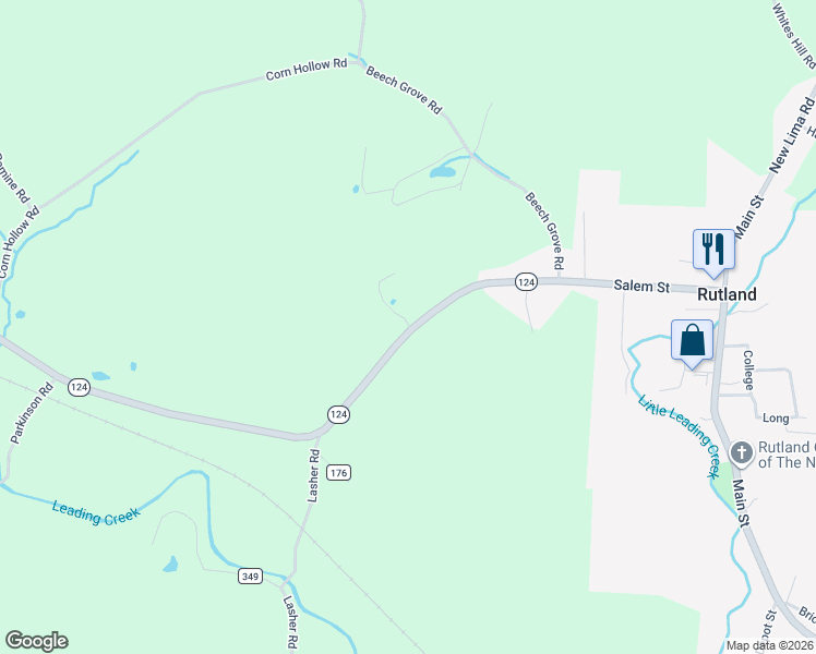 map of restaurants, bars, coffee shops, grocery stores, and more near 35420 Ohio 124 in Rutland
