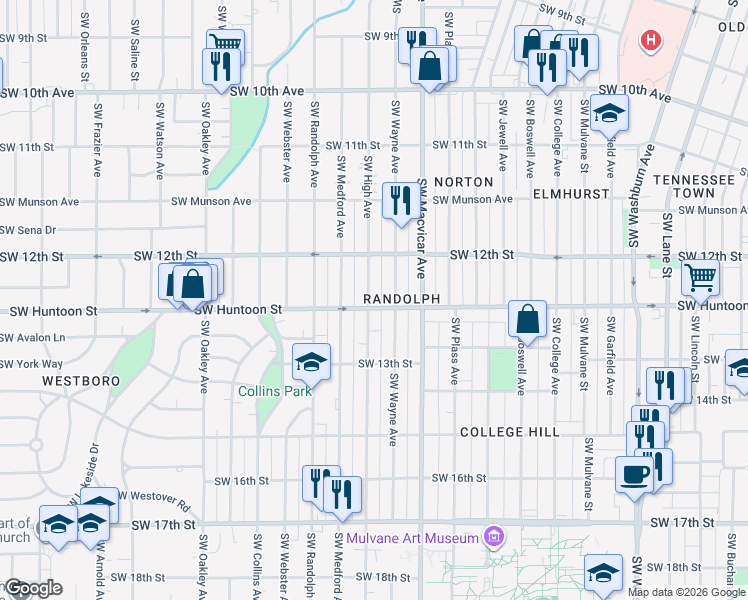 map of restaurants, bars, coffee shops, grocery stores, and more near 1223 Southwest Wayne Avenue in Topeka