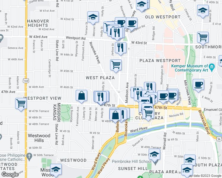 map of restaurants, bars, coffee shops, grocery stores, and more near W 46th St & Jarboe St in Kansas City