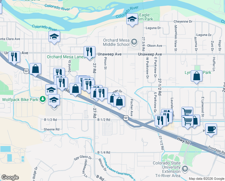 map of restaurants, bars, coffee shops, grocery stores, and more near 276 Pinon Street in Grand Junction
