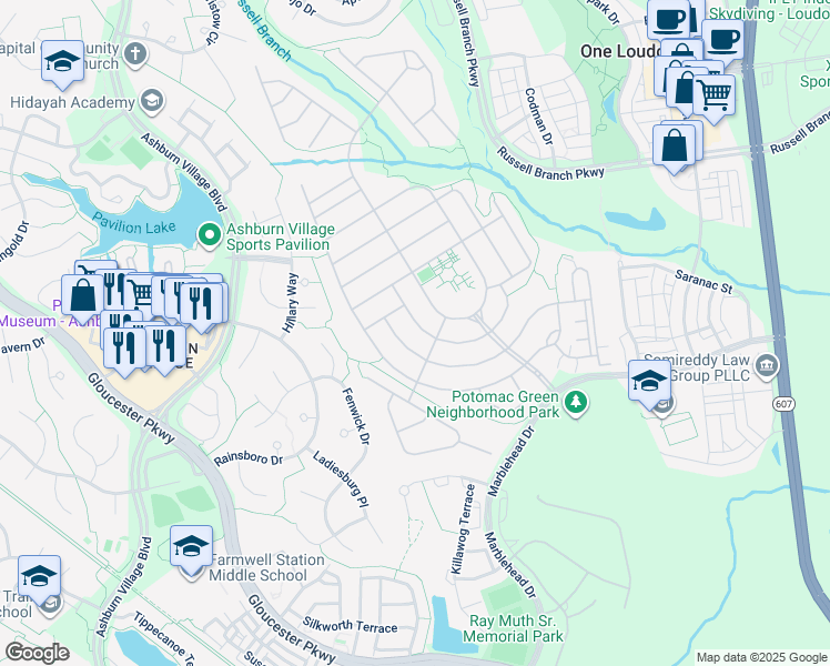 map of restaurants, bars, coffee shops, grocery stores, and more near 20611 Golden Ridge Drive in Ashburn