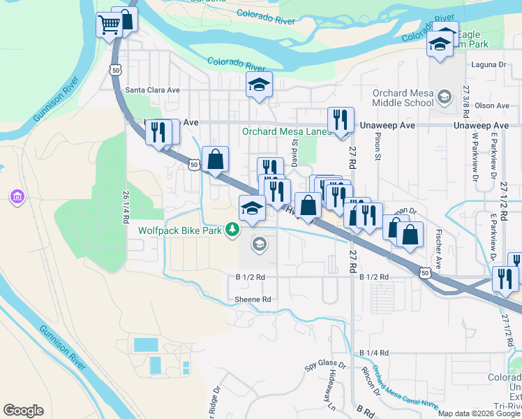 map of restaurants, bars, coffee shops, grocery stores, and more near 2670 Tracy Ann Road in Grand Junction