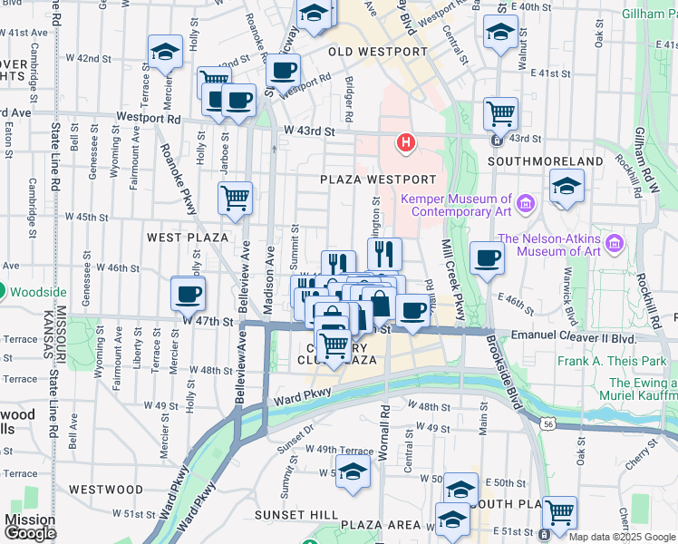 map of restaurants, bars, coffee shops, grocery stores, and more near 610 West 46th Street in Kansas City