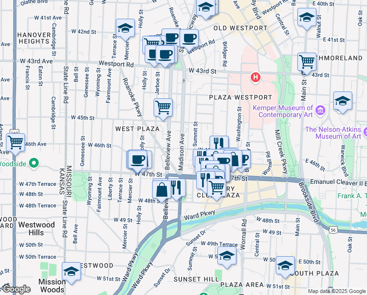 map of restaurants, bars, coffee shops, grocery stores, and more near 4577 Madison Avenue in Kansas City