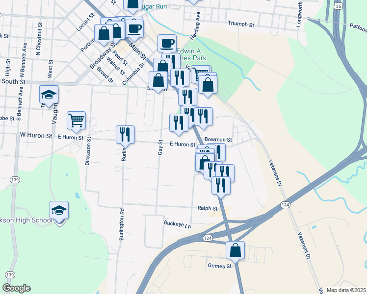 map of restaurants, bars, coffee shops, grocery stores, and more near 404 East Huron Street in Jackson