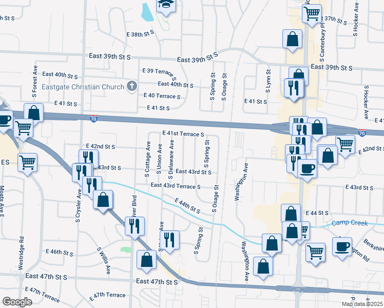 map of restaurants, bars, coffee shops, grocery stores, and more near 4117 South Mc Coy Street in Independence