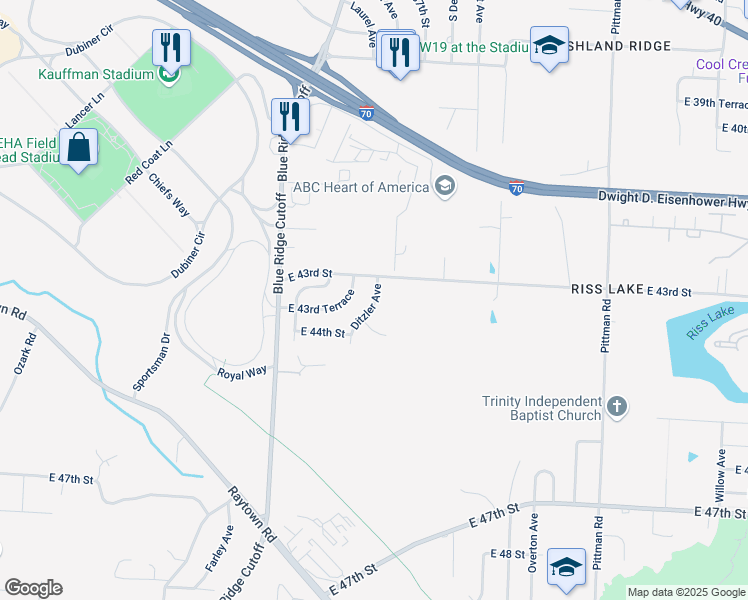 map of restaurants, bars, coffee shops, grocery stores, and more near 9201 East 43rd Street in Kansas City