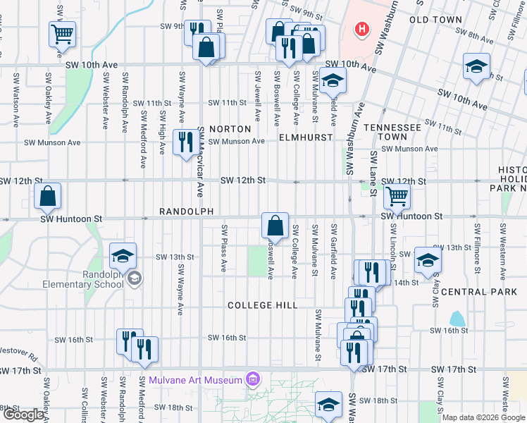 map of restaurants, bars, coffee shops, grocery stores, and more near 1225 Southwest Jewell Avenue in Topeka