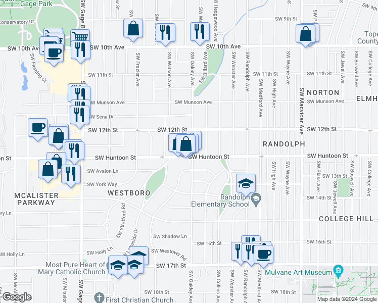 map of restaurants, bars, coffee shops, grocery stores, and more near 1220 Southwest Oakley Avenue in Topeka