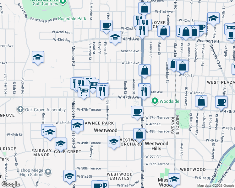 map of restaurants, bars, coffee shops, grocery stores, and more near 2530 West 47th Avenue in Kansas City