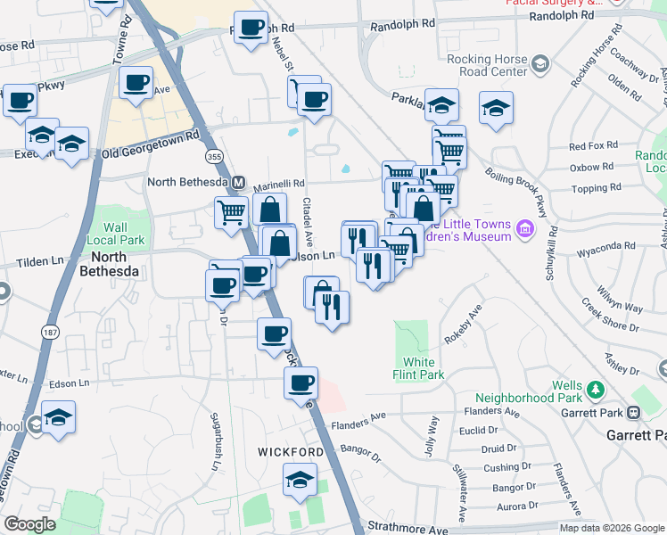 map of restaurants, bars, coffee shops, grocery stores, and more near 5454 Nicholson Lane in North Bethesda