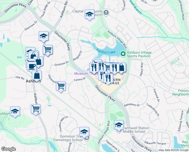 map of restaurants, bars, coffee shops, grocery stores, and more near 44031 Ashburn Shopping Plaza in Ashburn