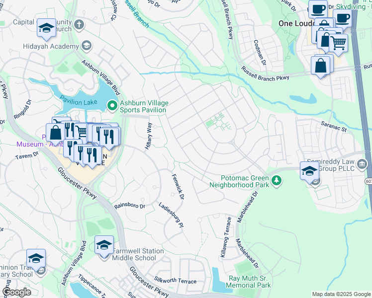 map of restaurants, bars, coffee shops, grocery stores, and more near 20570 Crescent Pointe Place in Ashburn