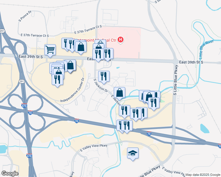 map of restaurants, bars, coffee shops, grocery stores, and more near 4011 South Jackson Drive in Independence
